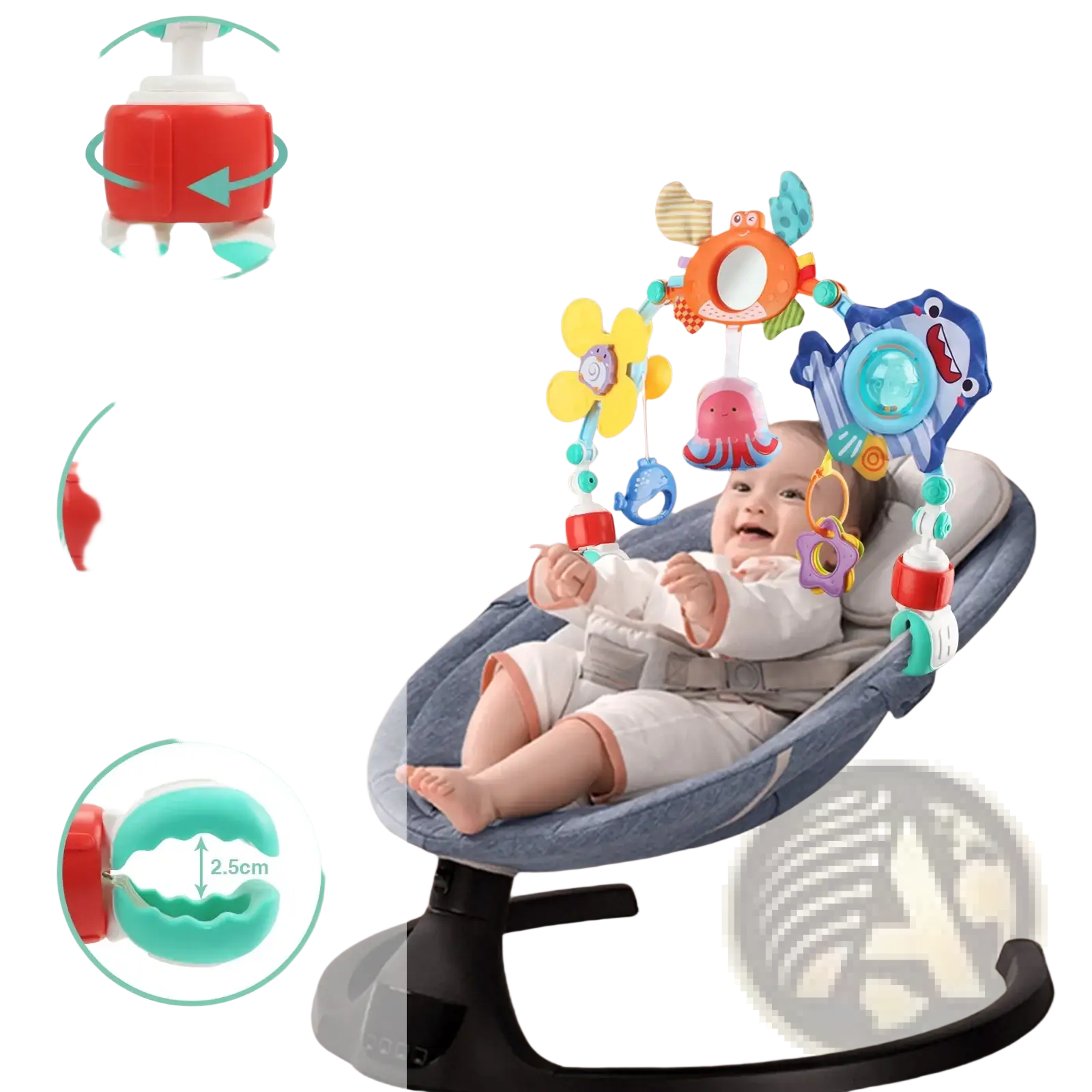 Colorful baby stroller arch toys ocean activity center with plush sea creatures flowers and red teal clip-on parts