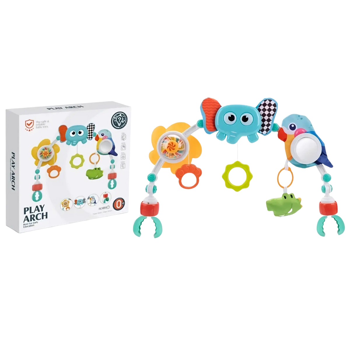 Colorful plastic baby stroller arch toy with ocean animal figures and dangling toys for early activity development