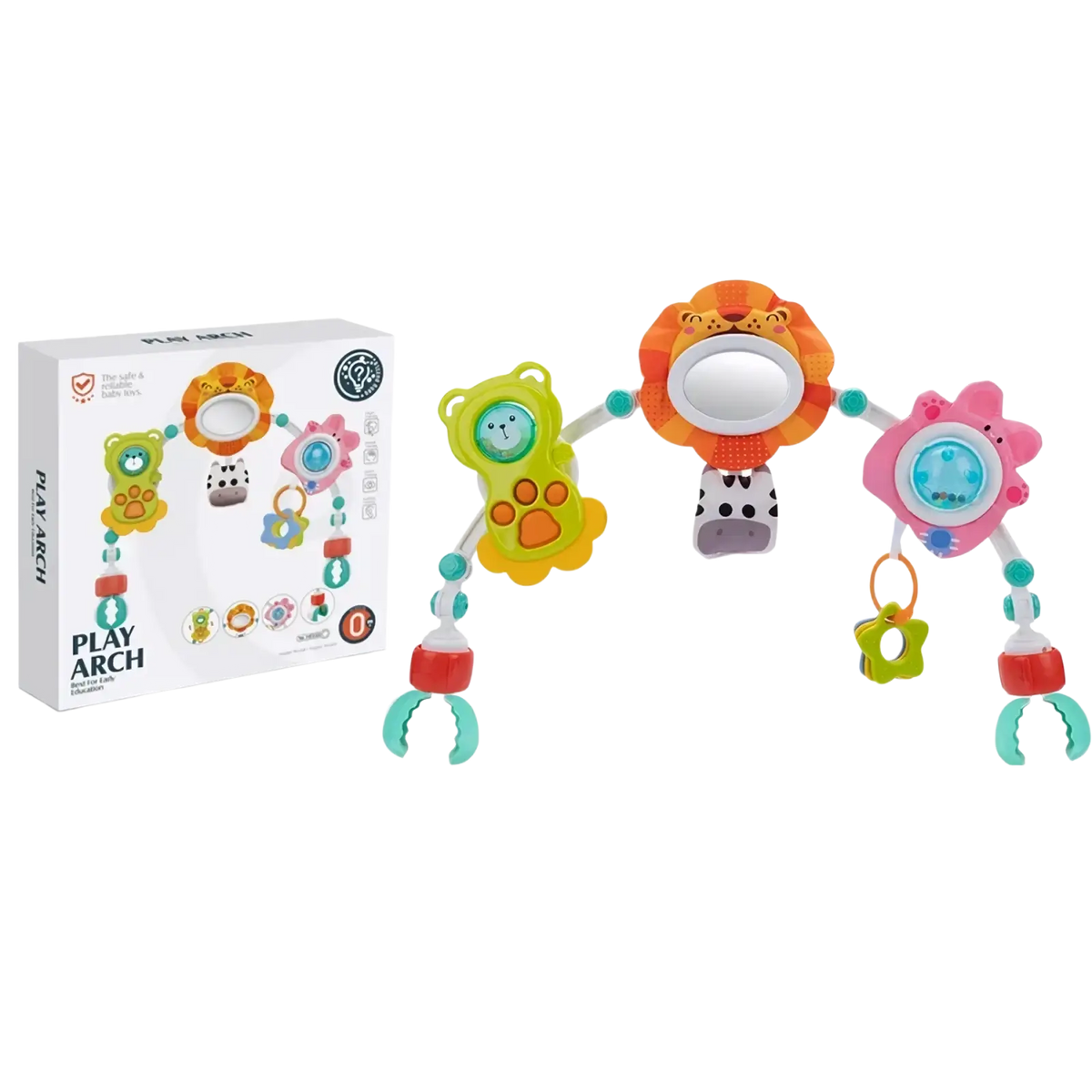 Colorful plastic baby stroller arch toys with animal-themed hanging toys and mirrors for ocean activity center