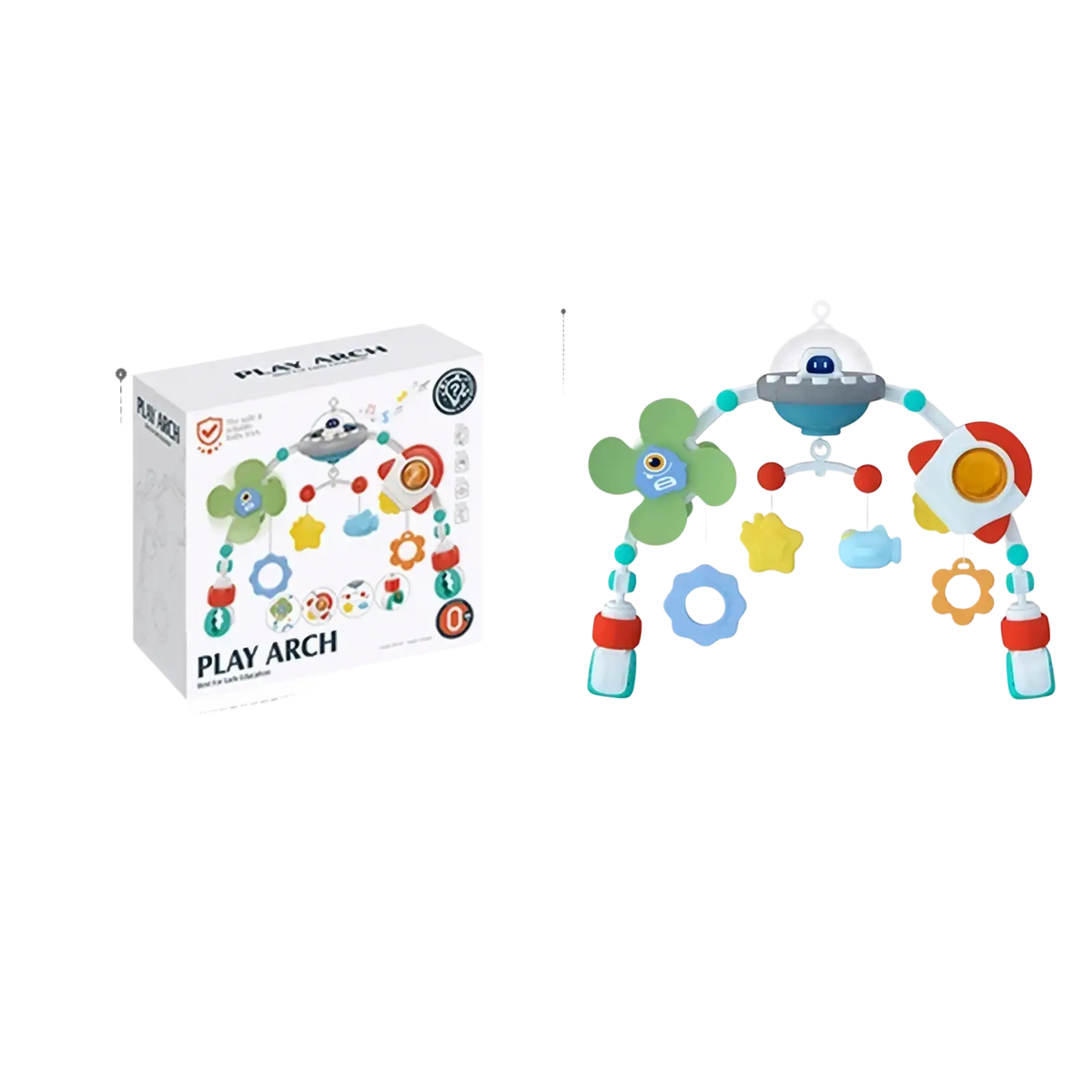 Colorful plastic baby stroller arch toys with a space-themed design and green blue red yellow dangling toys