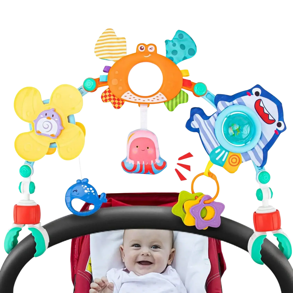 Colorful ocean-themed baby stroller arch toys with plush sea creatures and interactive hanging toys for activity center