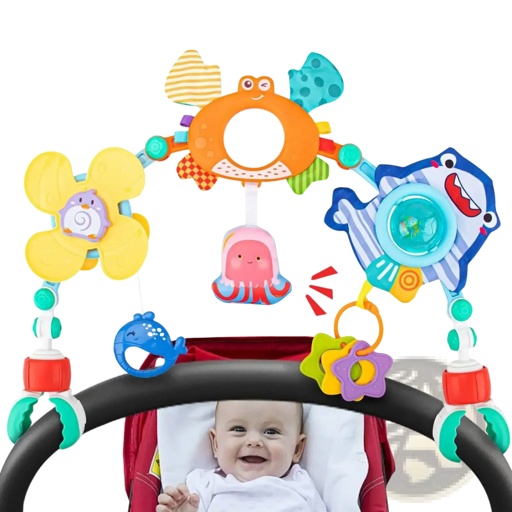Colorful ocean-themed baby stroller arch toys with plush sea creatures and interactive hanging toys for activity center
