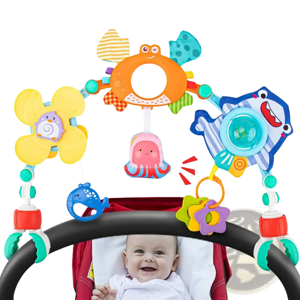 Colorful ocean-themed baby stroller arch toys with plush sea creatures and interactive hanging toys for activity center