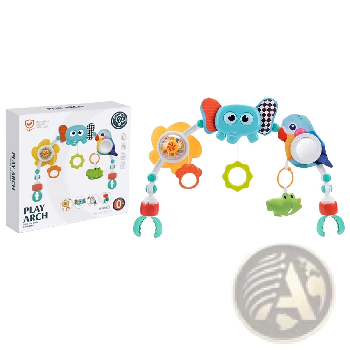 Colorful plastic baby stroller arch toy with ocean animal figures and dangling toys for early activity development