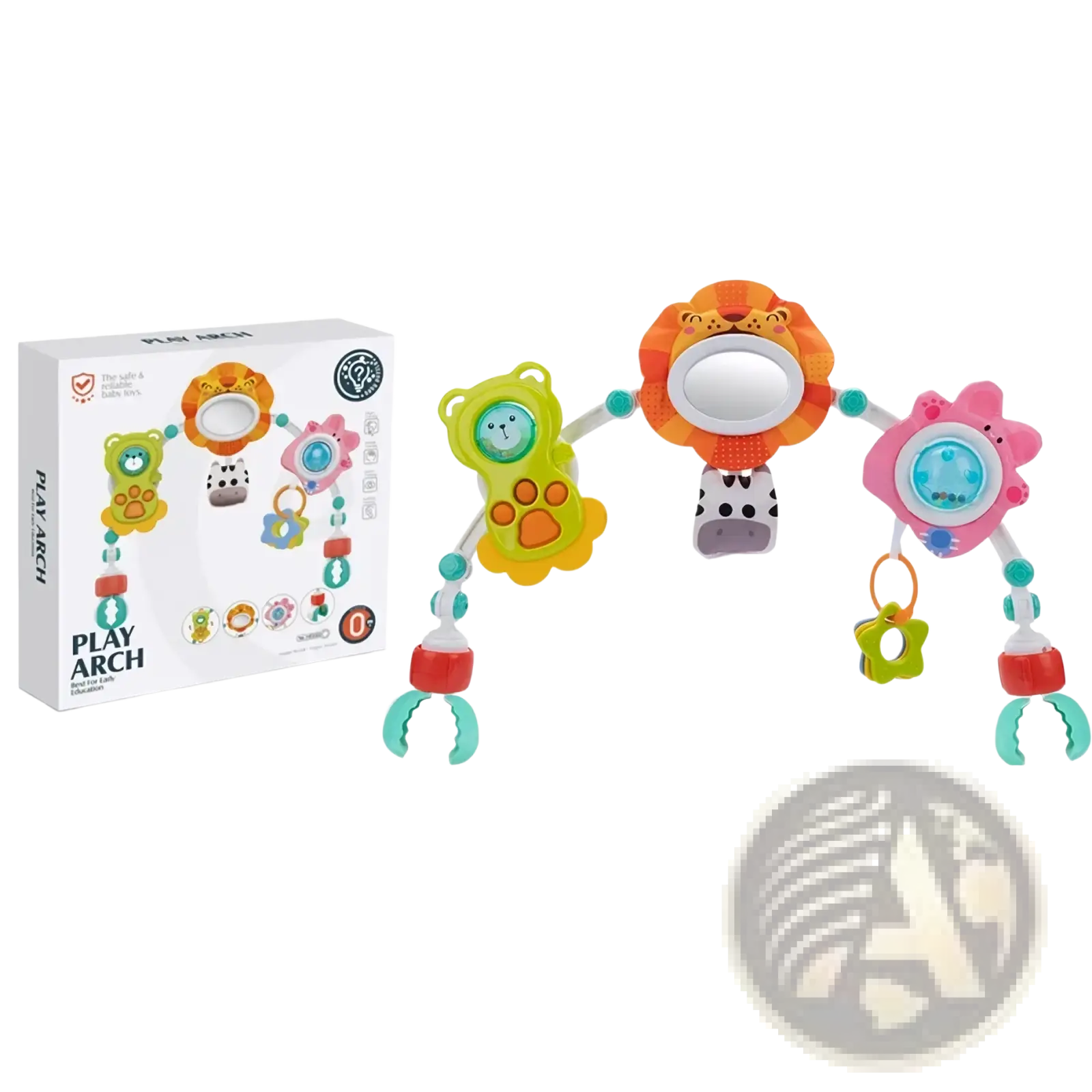 Colorful plastic baby stroller arch toys with animal-themed hanging toys and mirrors for ocean activity center