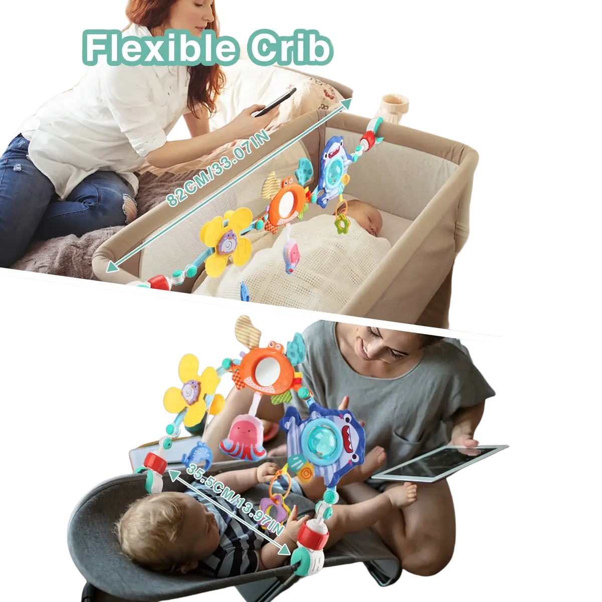 Flexible baby stroller arch toy with colorful soft plastic animal and flower attachments on stretchy cord ocean theme