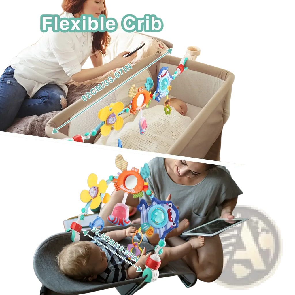 Flexible baby stroller arch toy with colorful soft plastic animal and flower attachments on stretchy cord ocean theme