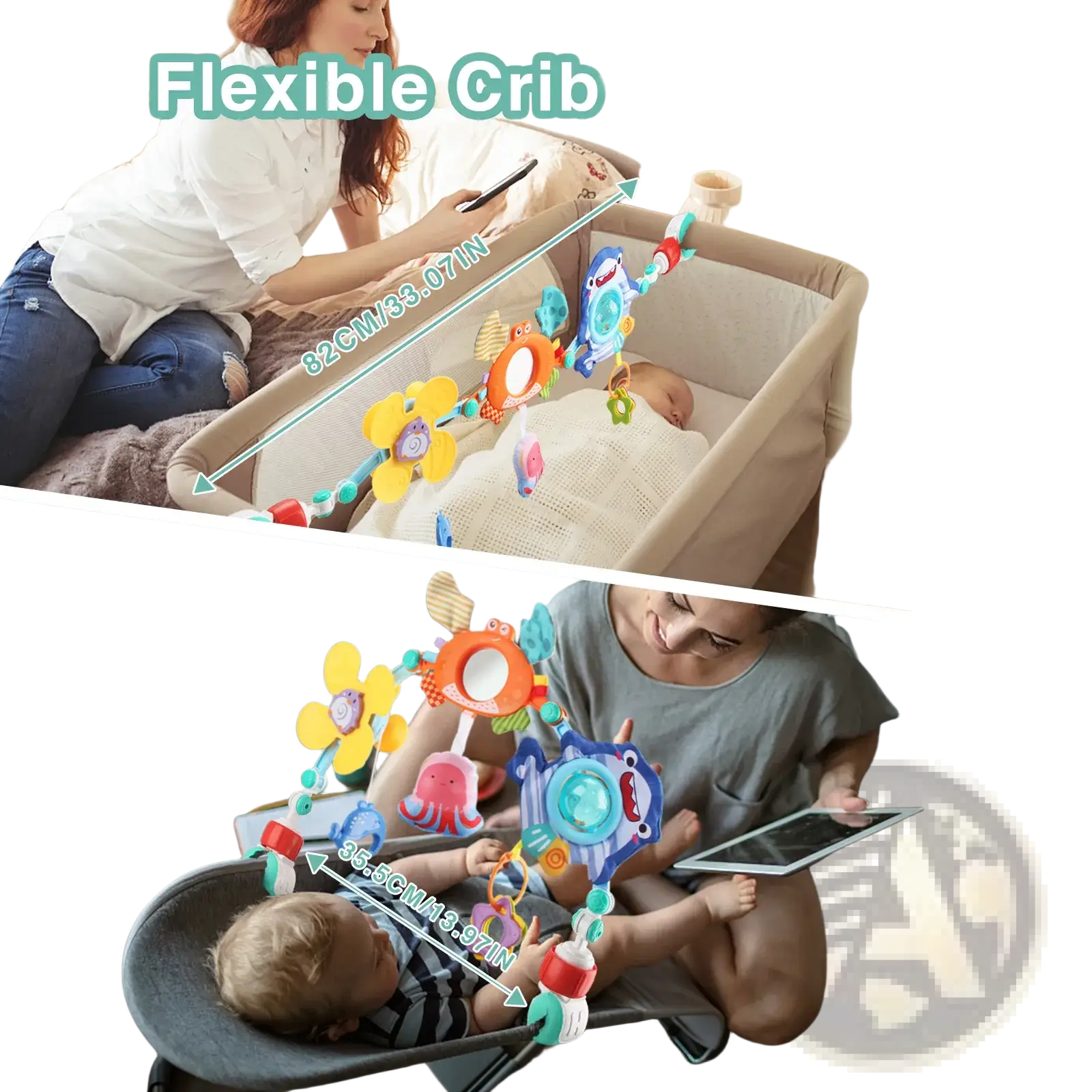 Flexible baby stroller arch toy with colorful soft plastic animal and flower attachments on stretchy cord ocean theme