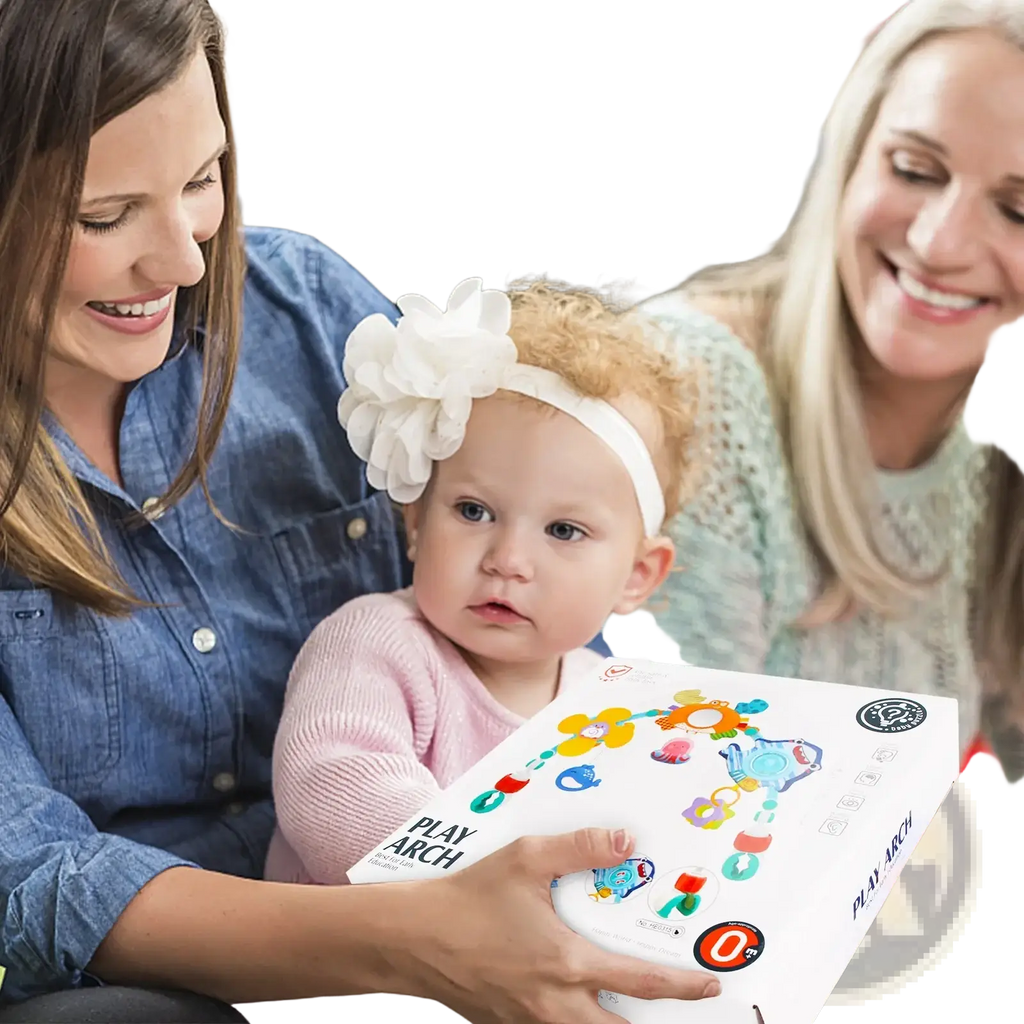 White cardboard box with colorful toy arch illustrations and play arch branding for baby stroller arch toys ocean activity center