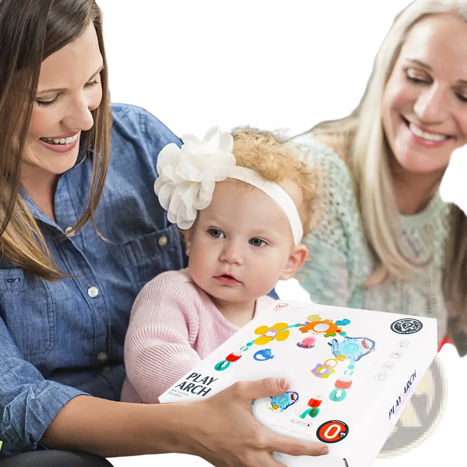White cardboard box with colorful toy arch illustrations and play arch branding for baby stroller arch toys ocean activity center