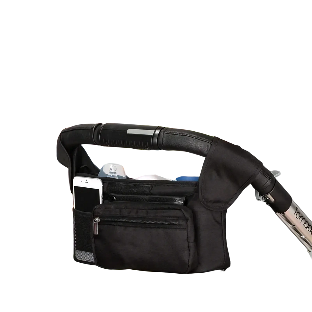 Baby stroller organizer bag large capacity in black with multiple pockets and mesh side compartment for essentials