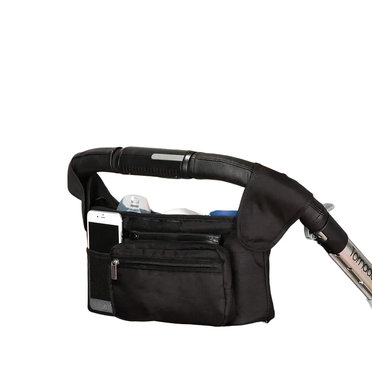 Baby stroller organizer bag large capacity in black with multiple pockets and mesh side compartment for essentials