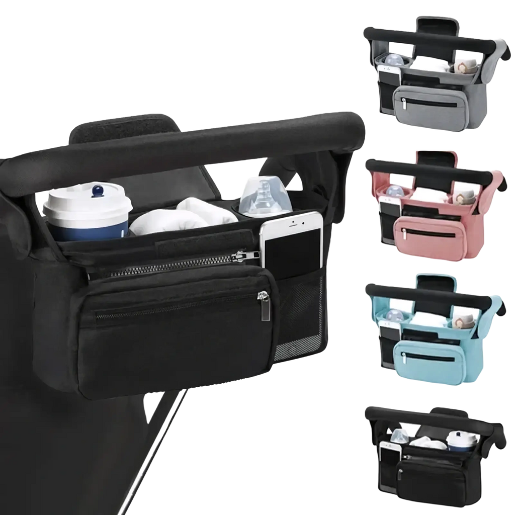 Black baby stroller organizer bag with large capacity, multiple compartments, zippered pockets, and mesh sections for essentials
