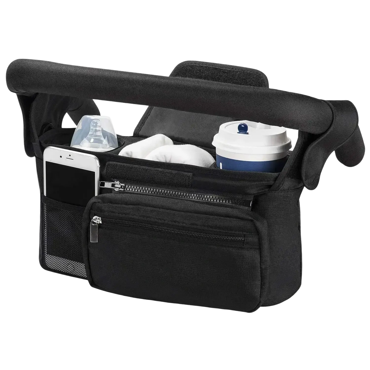 Black fabric baby stroller organizer bag large capacity with multiple compartments zippers and mesh pockets