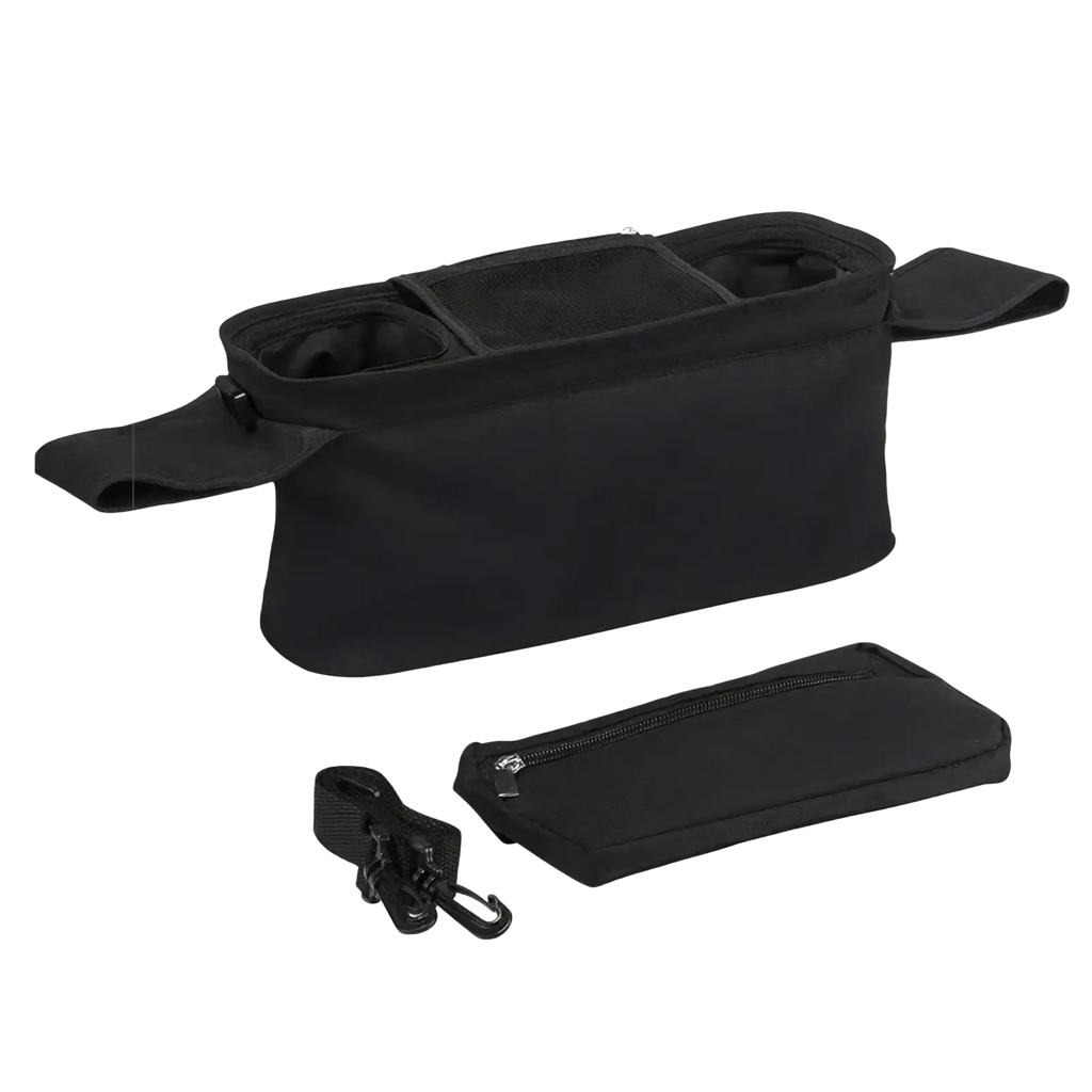 Black fabric baby stroller organizer bag with large capacity multiple compartments and detachable zippered pouch