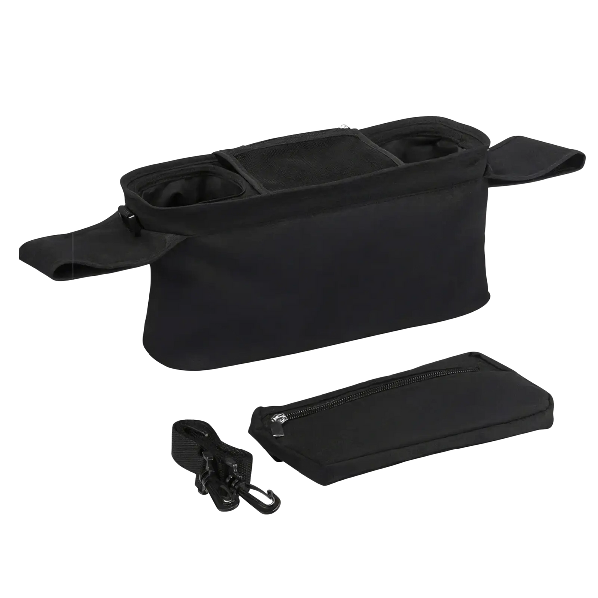Black fabric baby stroller organizer bag with large capacity multiple compartments and detachable zippered pouch