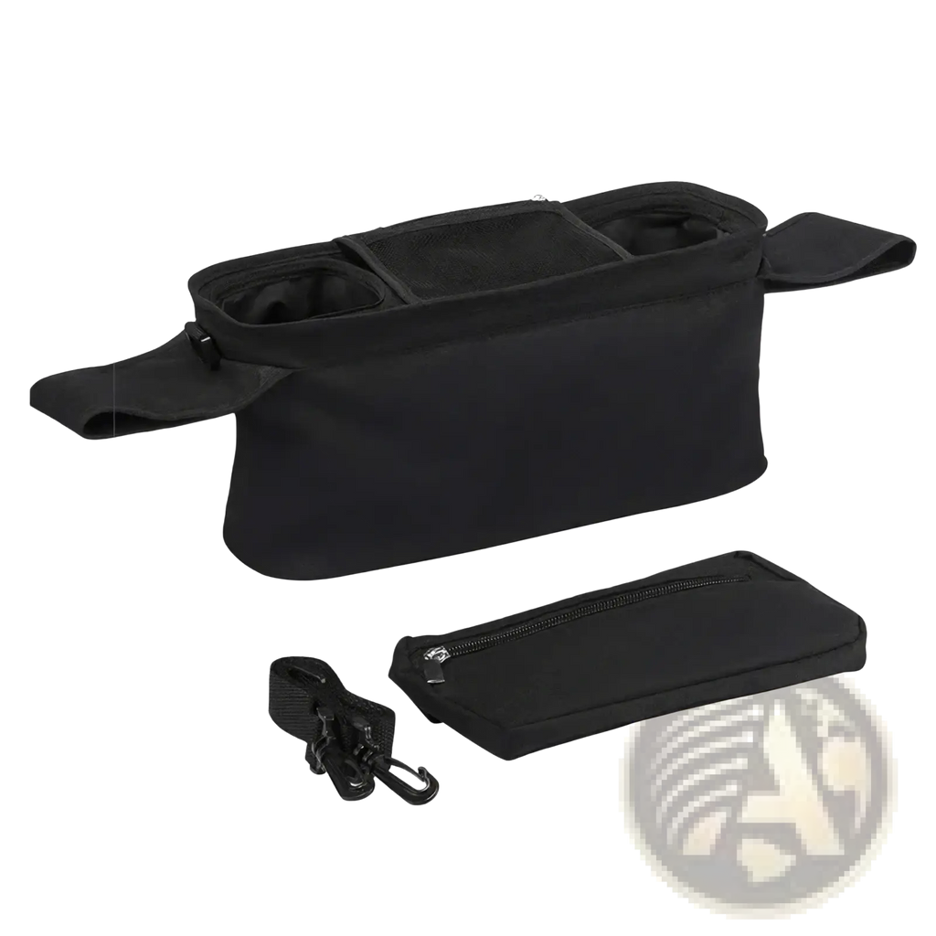 Black fabric baby stroller organizer bag with large capacity multiple compartments and detachable zippered pouch
