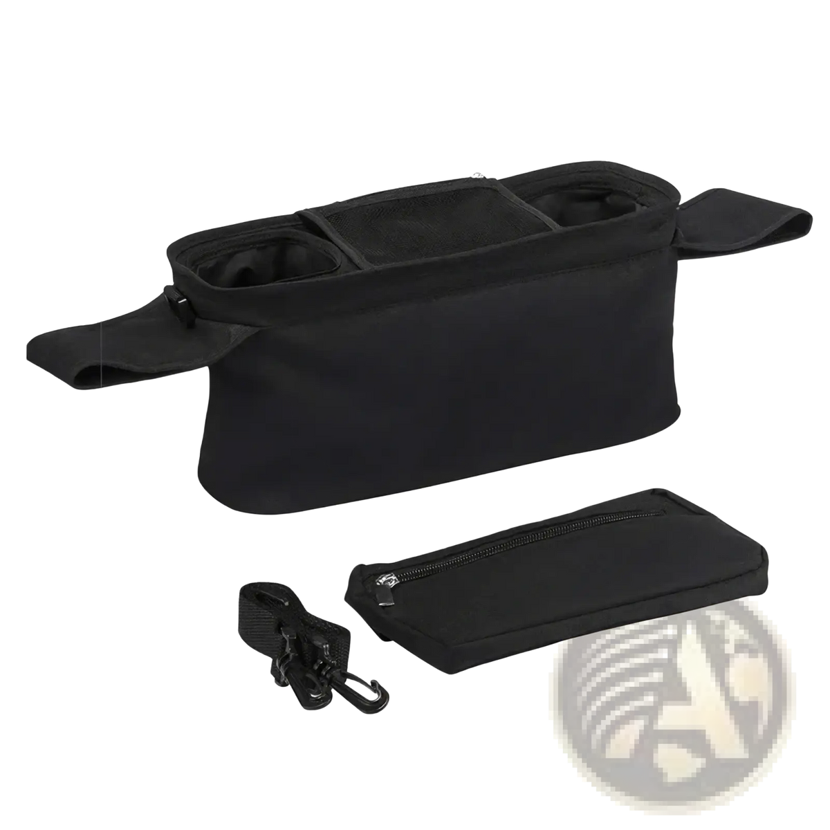 Black fabric baby stroller organizer bag with large capacity multiple compartments and detachable zippered pouch