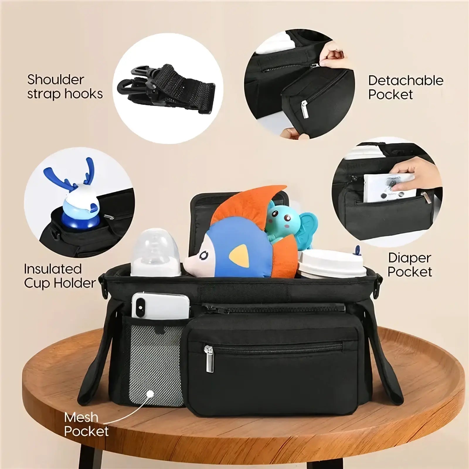 Black fabric baby stroller organizer bag with large capacity multiple compartments mesh pocket insulated cup holder