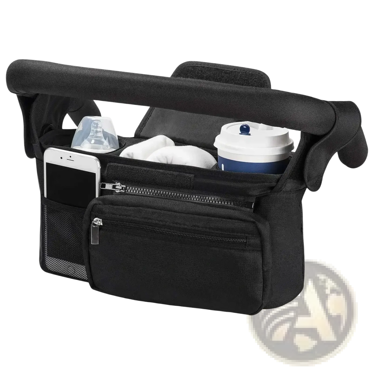 Black fabric baby stroller organizer bag large capacity with multiple compartments zippers and mesh pockets