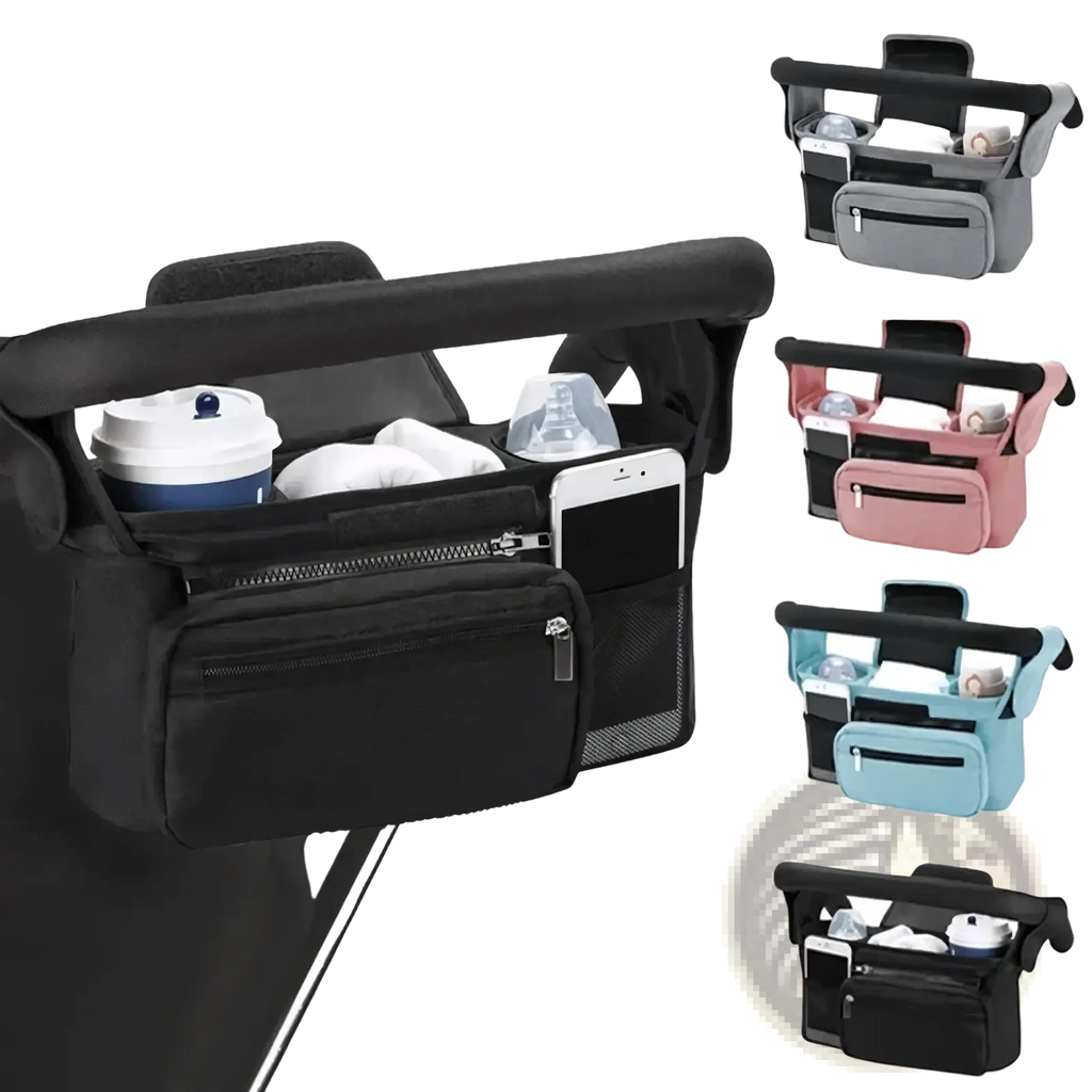 Black baby stroller organizer bag with large capacity, multiple compartments, zippered pockets, and mesh sections for essentials