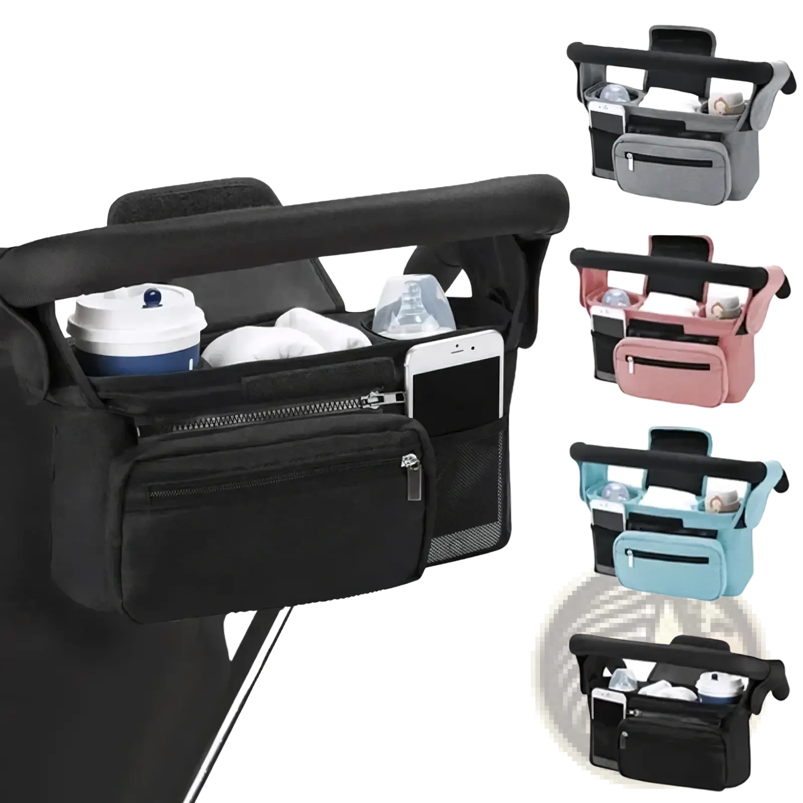 Black baby stroller organizer bag with large capacity, multiple compartments, zippered pockets, and mesh sections for essentials