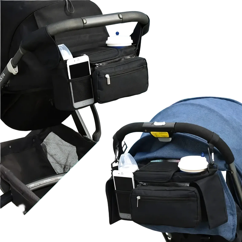 Black baby stroller organizer bag with large capacity, multiple pockets, and a mesh phone compartment