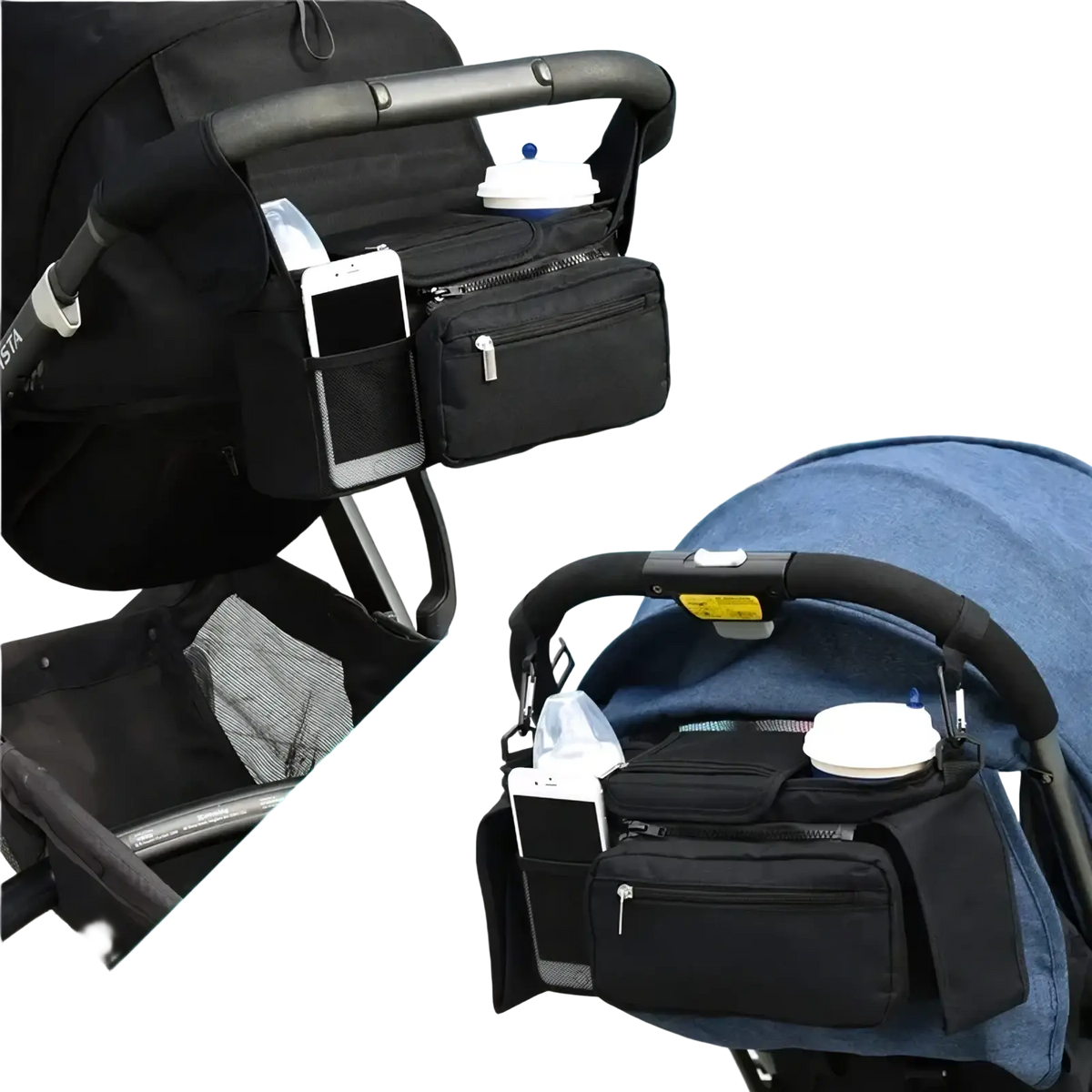 Black baby stroller organizer bag with large capacity, multiple pockets, and a mesh phone compartment