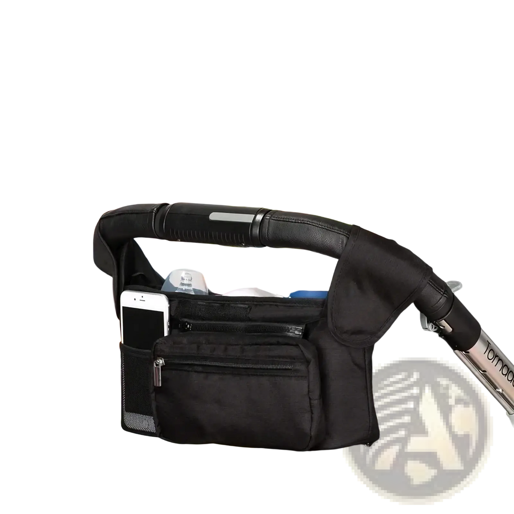 Baby stroller organizer bag large capacity in black with multiple pockets and mesh side compartment for essentials