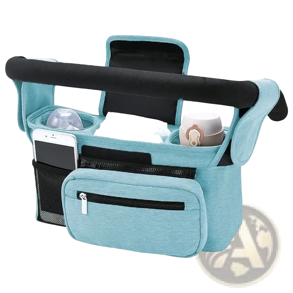 Light blue fabric baby stroller organizer bag with black accents and multiple compartments for large capacity storage