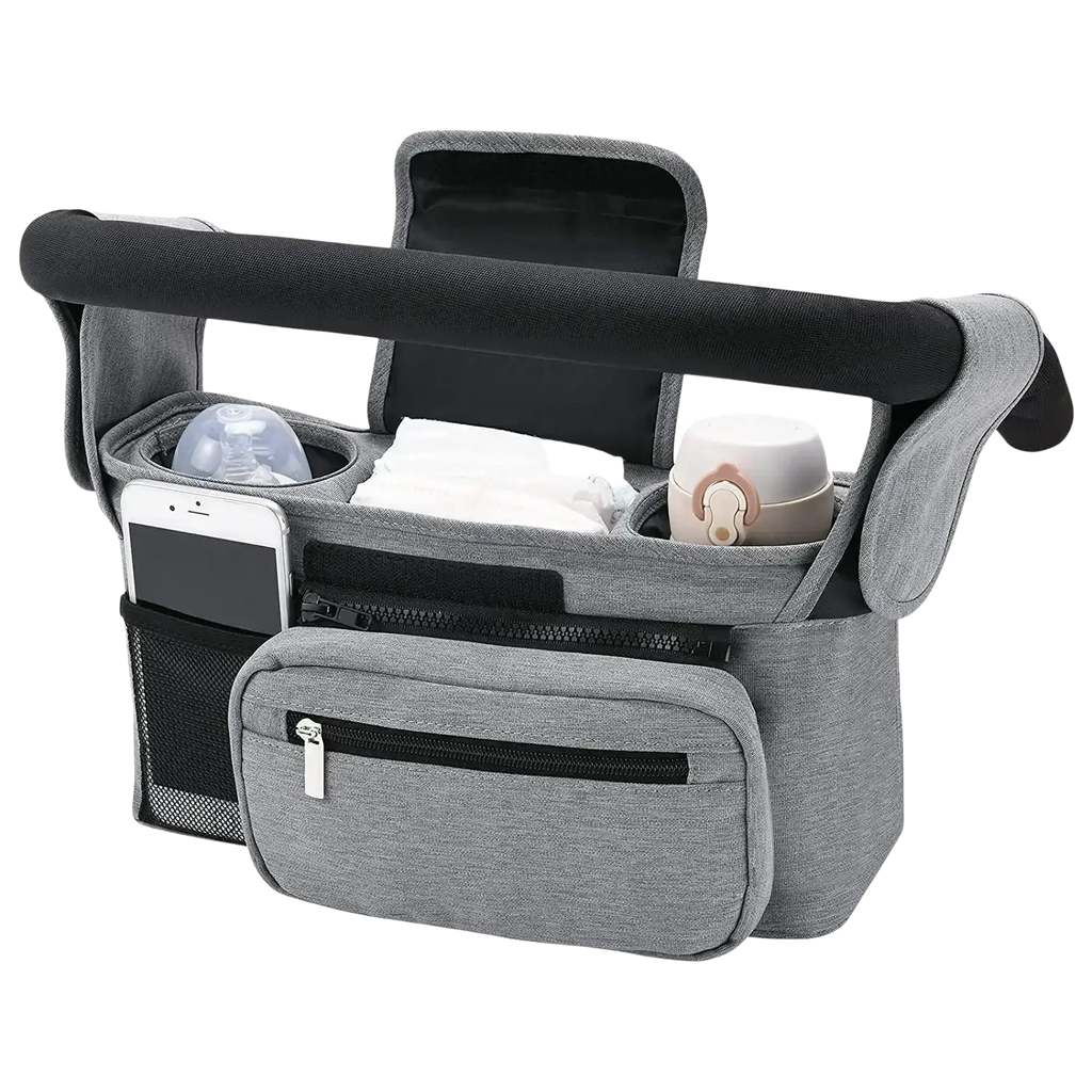 Gray fabric baby stroller organizer bag with black accents and multiple compartments for large capacity storage