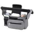 Gray fabric baby stroller organizer bag with black accents and multiple compartments for large capacity storage
