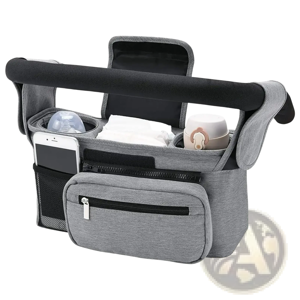 Gray fabric baby stroller organizer bag with black accents and multiple compartments for large capacity storage