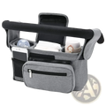 Gray fabric baby stroller organizer bag with black accents and multiple compartments for large capacity storage