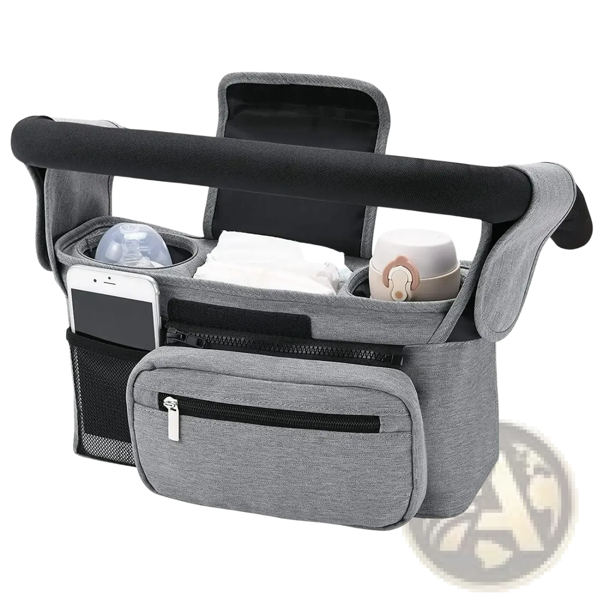 Gray fabric baby stroller organizer bag with black accents and multiple compartments for large capacity storage
