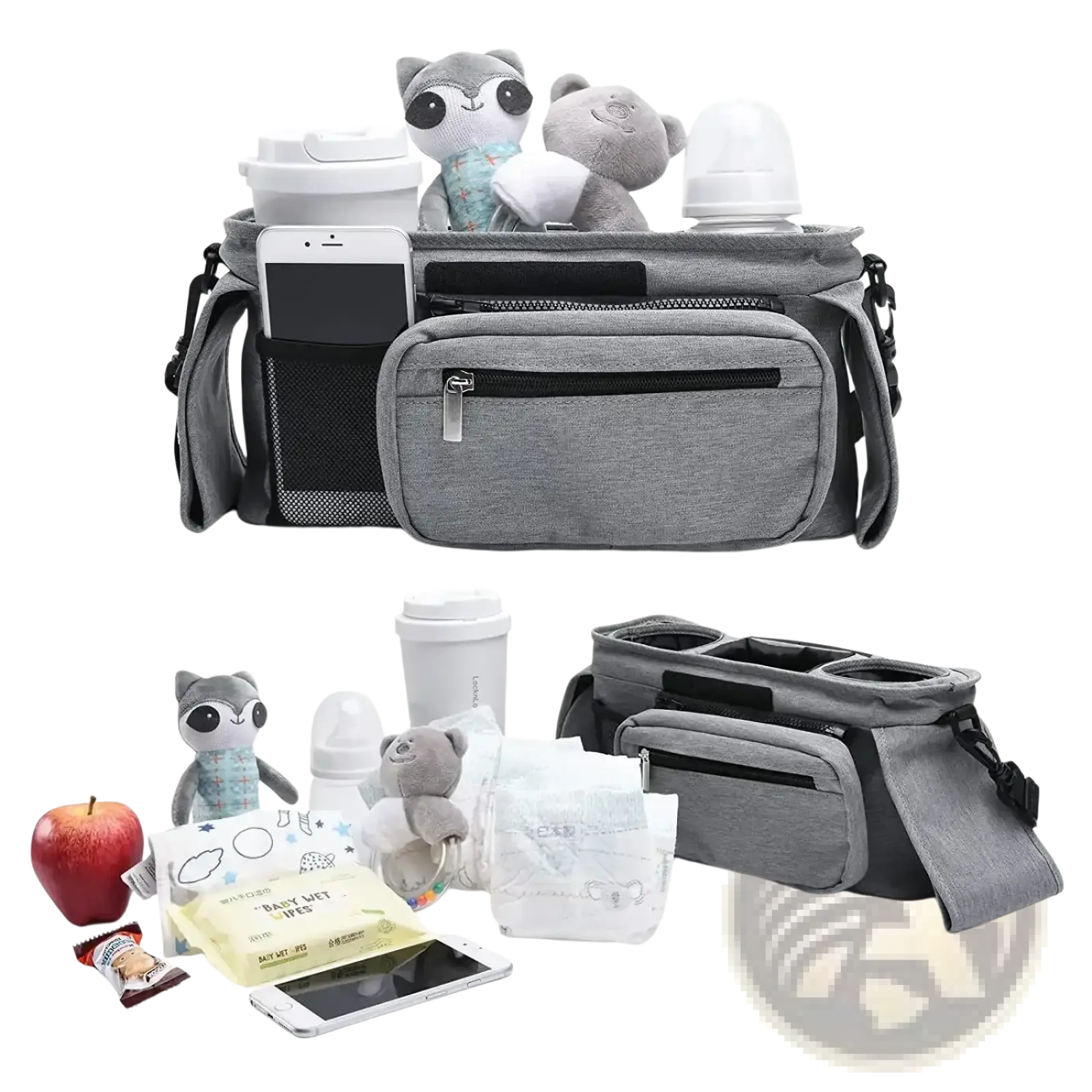 Gray textured fabric baby stroller organizer bag large capacity with multiple compartments and black zippers