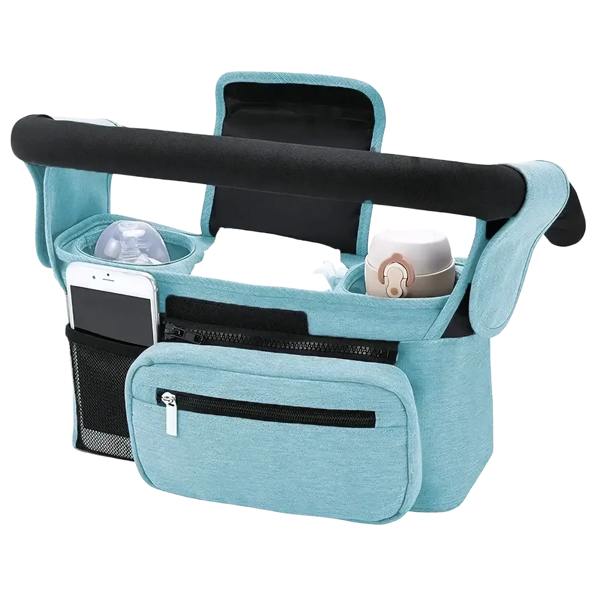 Light blue fabric baby stroller organizer bag with black accents and multiple compartments for large capacity storage