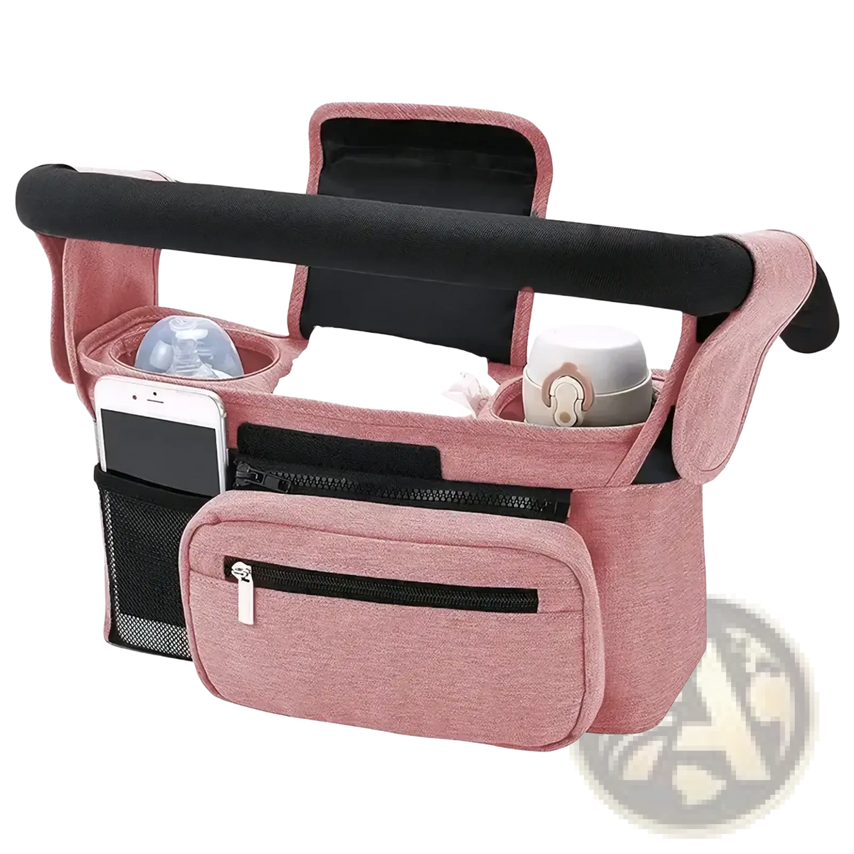 Baby stroller organizer bag large capacity in pink heathered fabric with black accents and multiple compartments