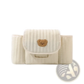 Cream-colored quilted baby stroller organizer bag with soft brown embroidered teddy bear patch on front flap