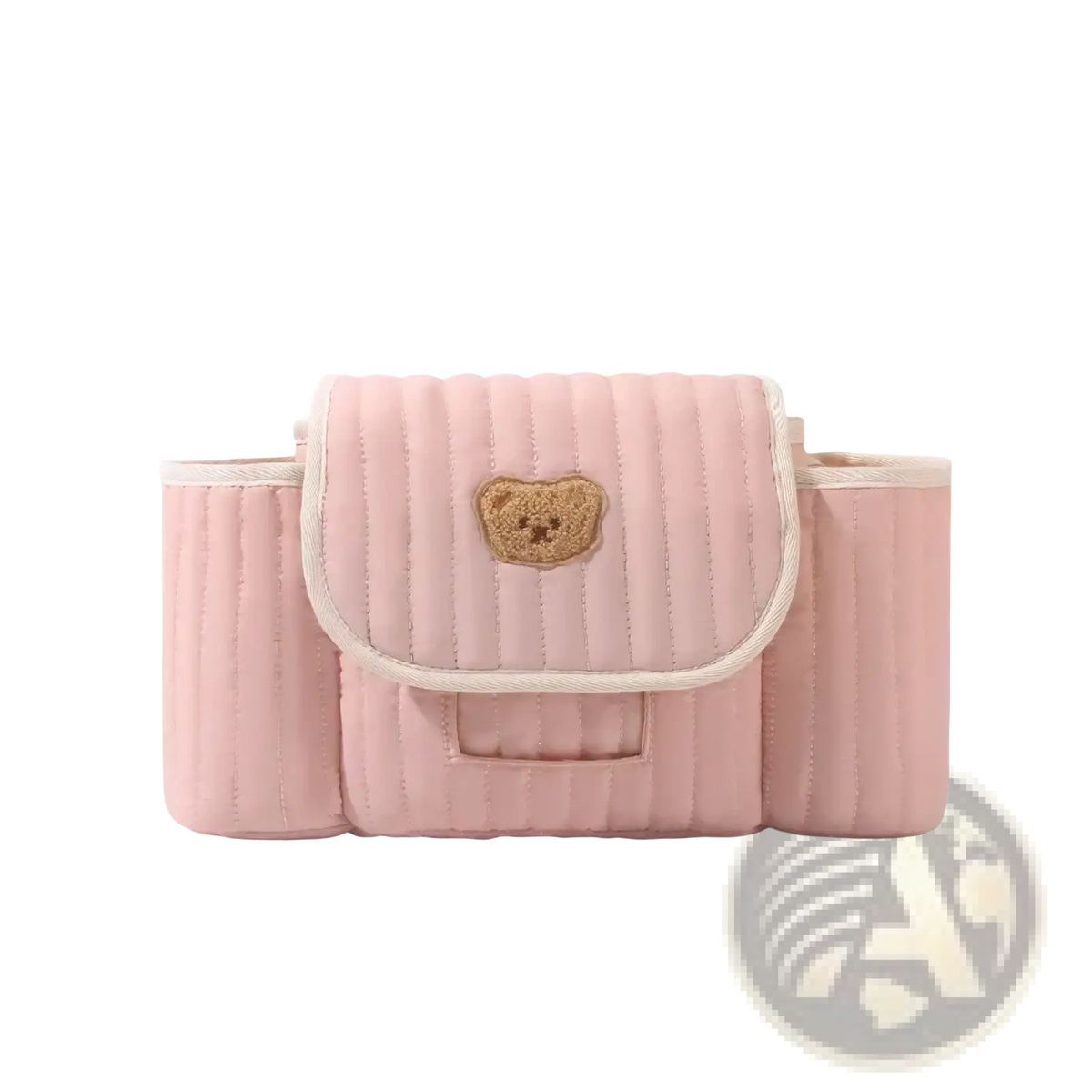 Pink quilted baby stroller organizer bag with tan embroidered teddy bear patch on the flap