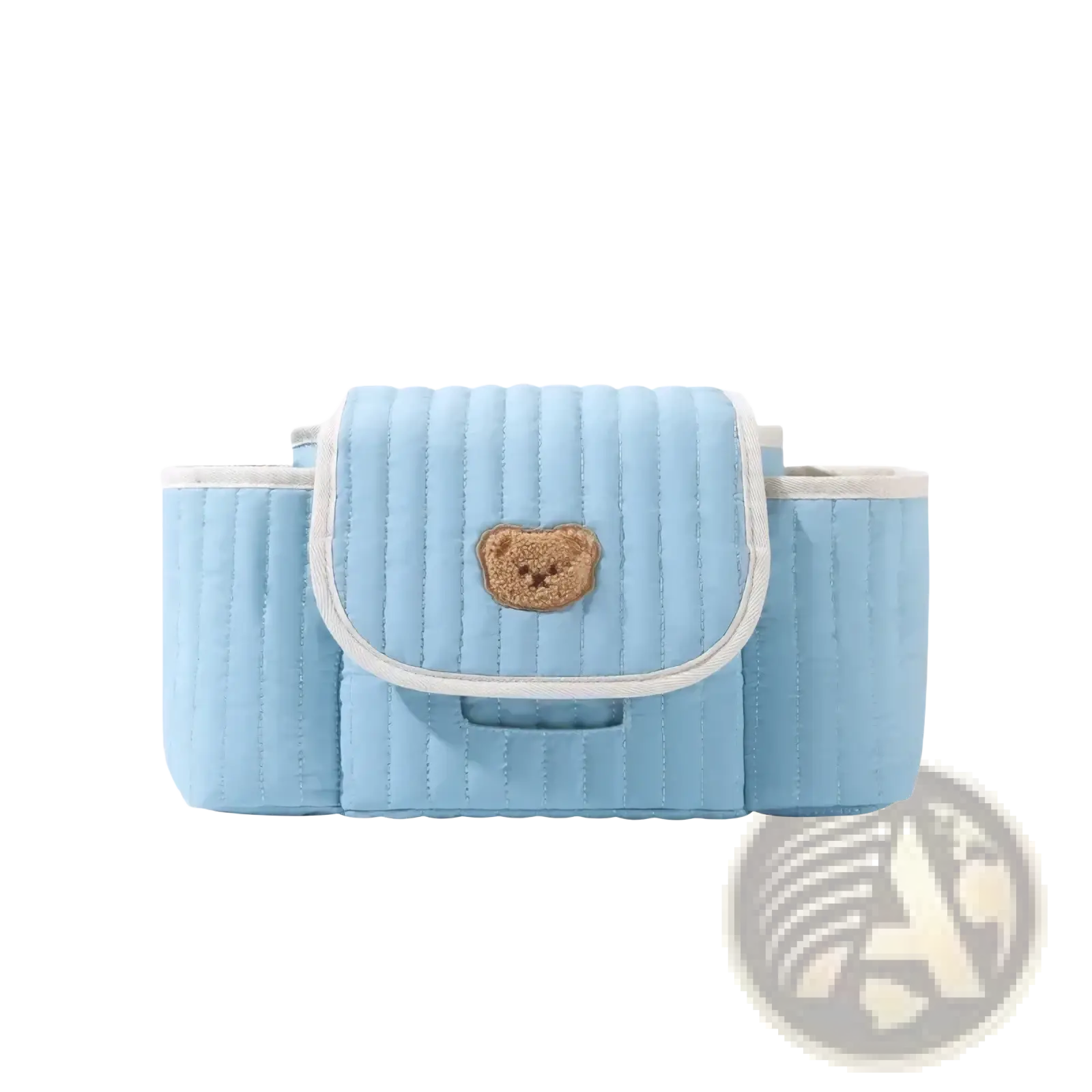 Light blue quilted baby stroller organizer bag with beige teddy bear appliqué on the front flap