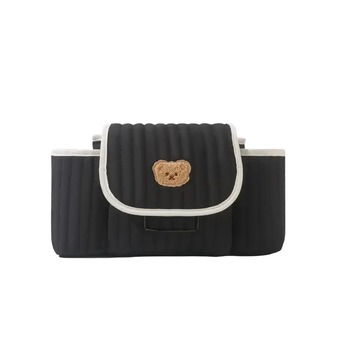 Black quilted car seat organizer bag with beige embroidered teddy bear patch and white trim for baby stroller use