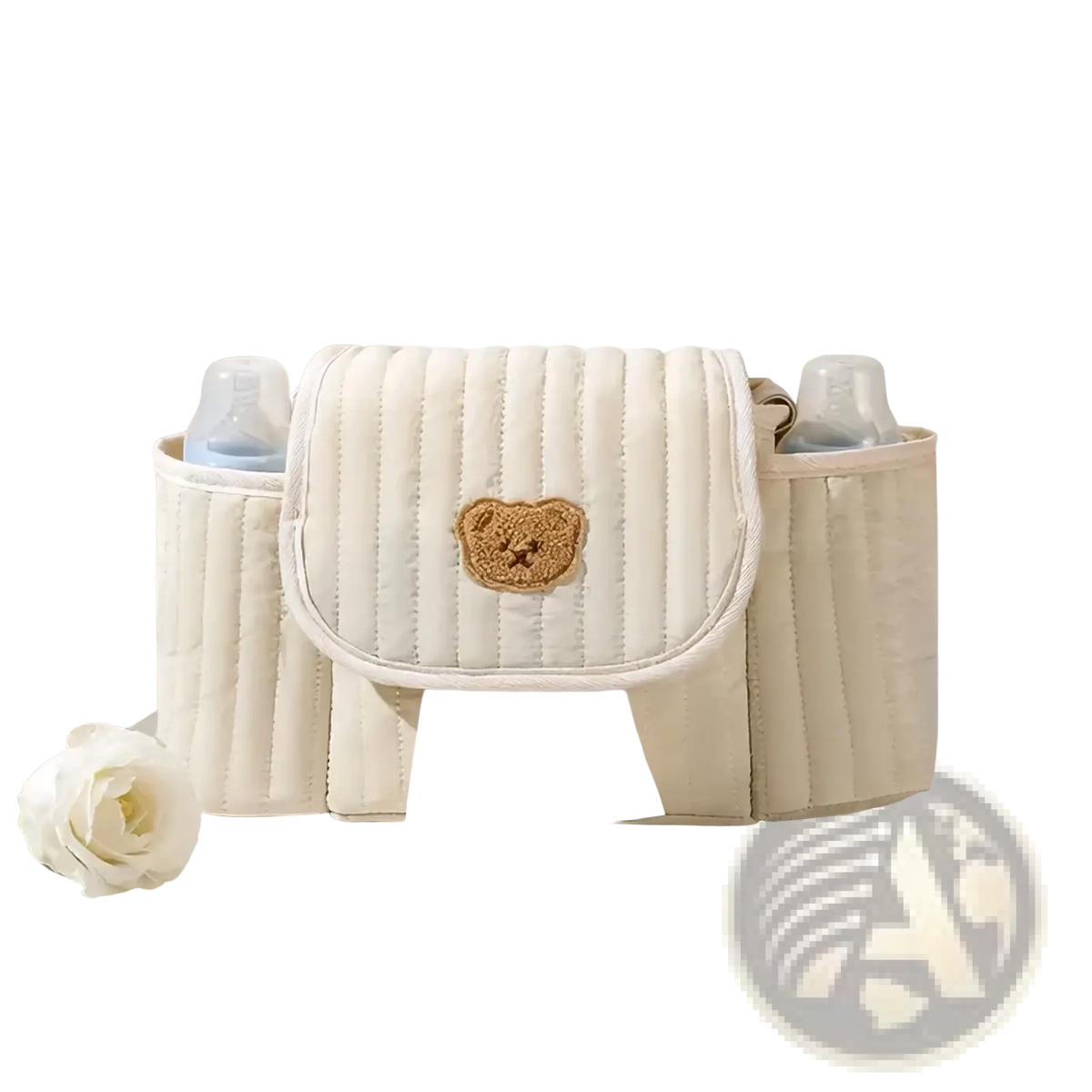 Cream-colored quilted baby stroller organizer bag with teddy bear appliqué and front tissue pull-tab design