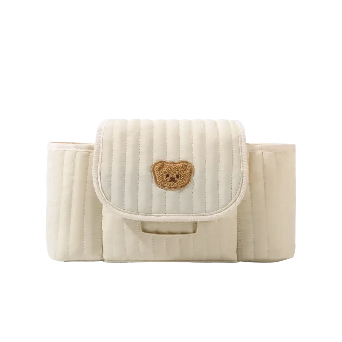 Cream-colored quilted baby stroller organizer bag with soft brown embroidered teddy bear patch on front flap