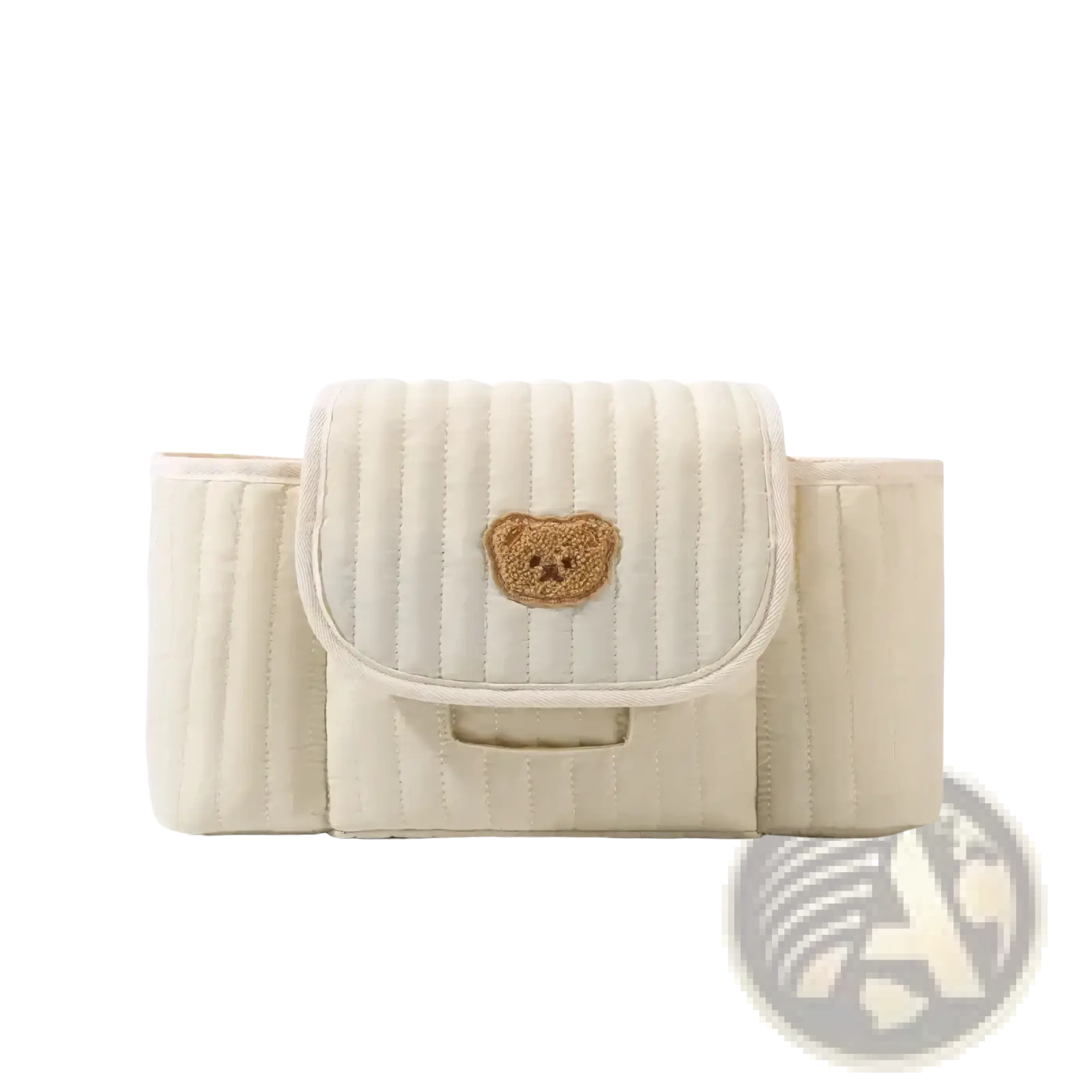 Cream-colored quilted baby stroller organizer bag with a tan embroidered teddy bear face patch on the flap