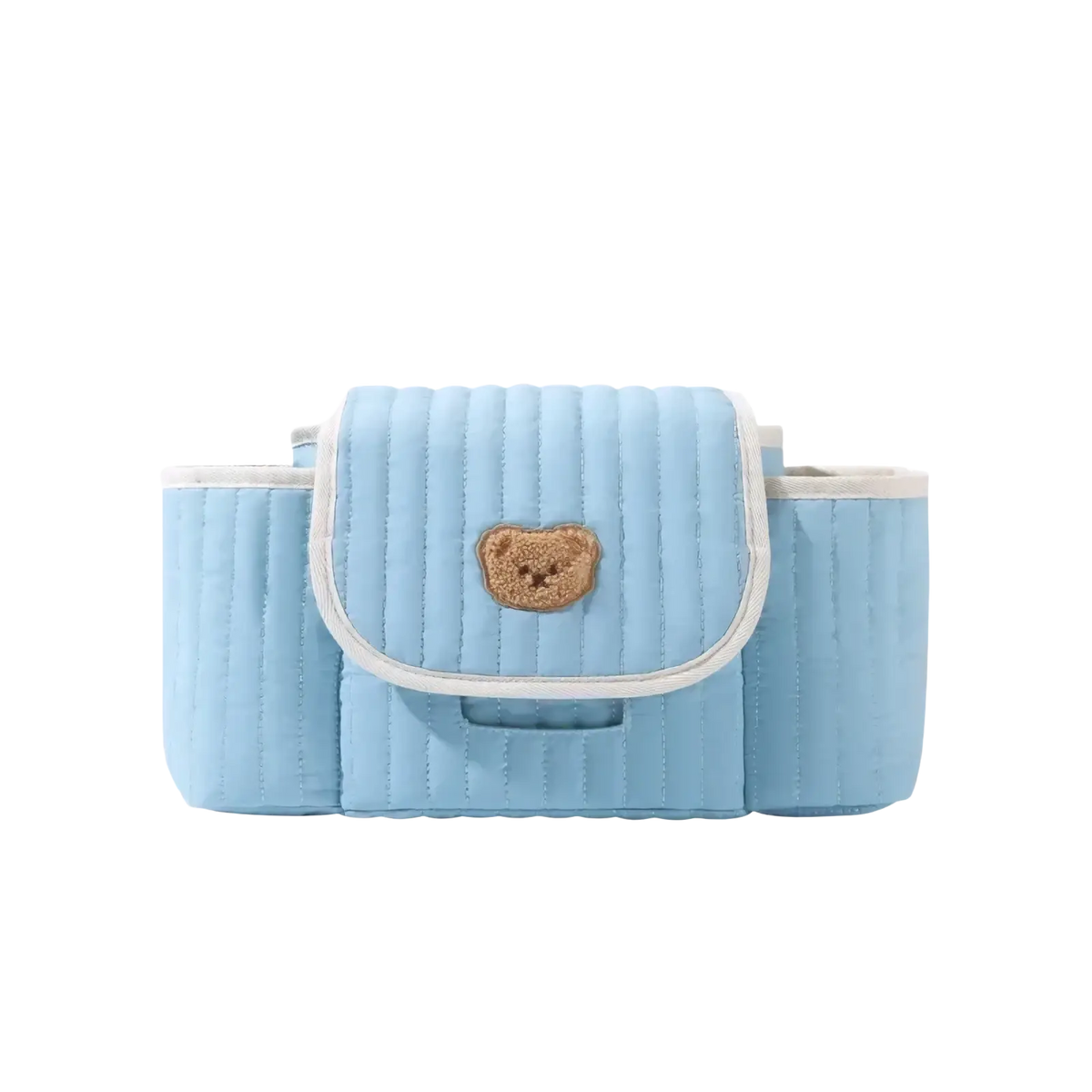Light blue quilted baby stroller organizer bag with beige teddy bear appliqué on the front flap