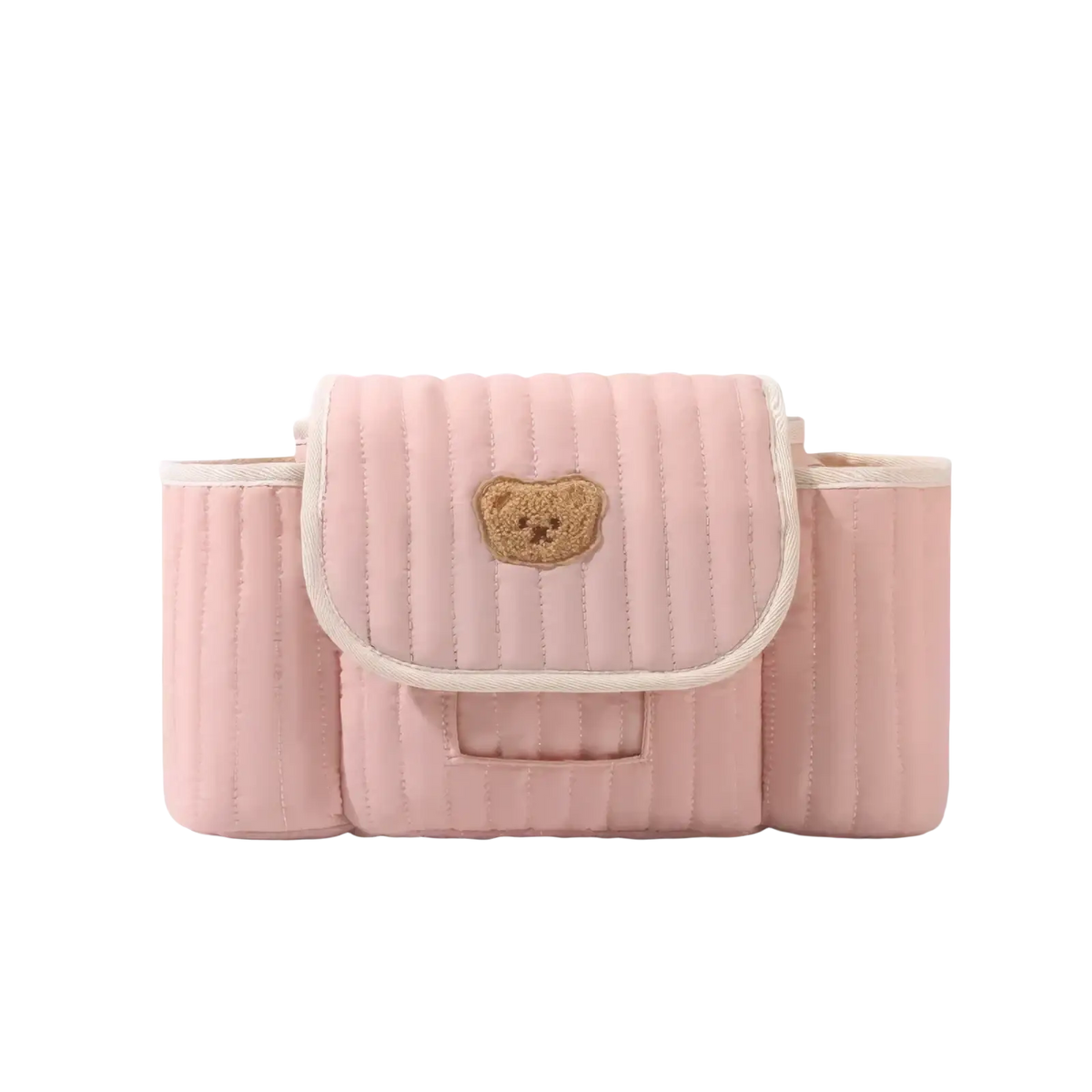 Pink quilted baby stroller organizer bag with tan embroidered teddy bear patch on the flap