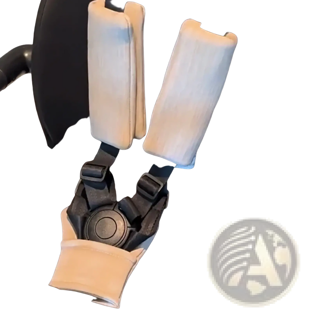 Cream-colored padded shoulder and hip straps with soft fabric and black buckles for baby stroller safety harness pad and crotch cushion