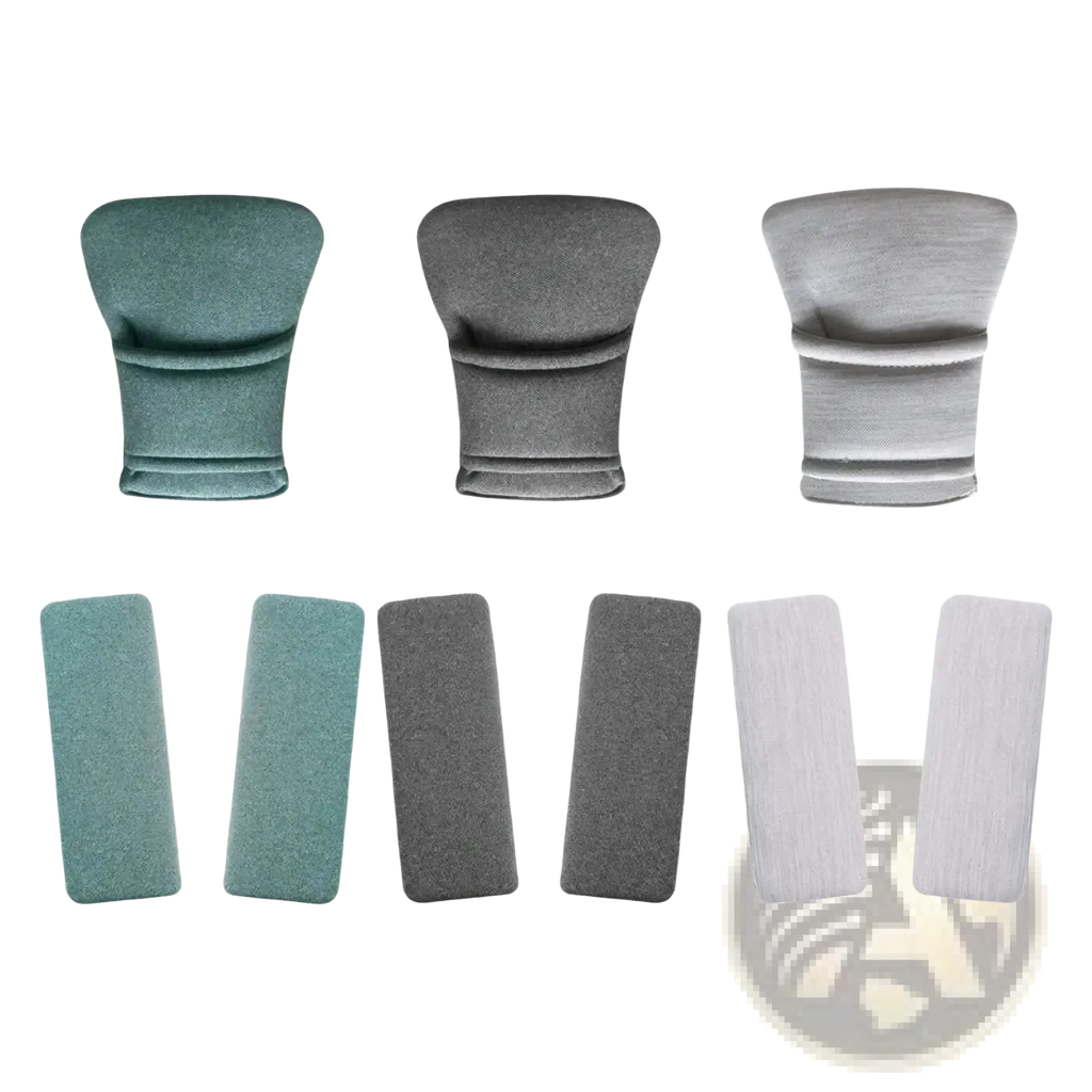 Set of three textured grip pads in teal gray and silver with matching adhesive strips for baby stroller safety harness pad and crotch cushion