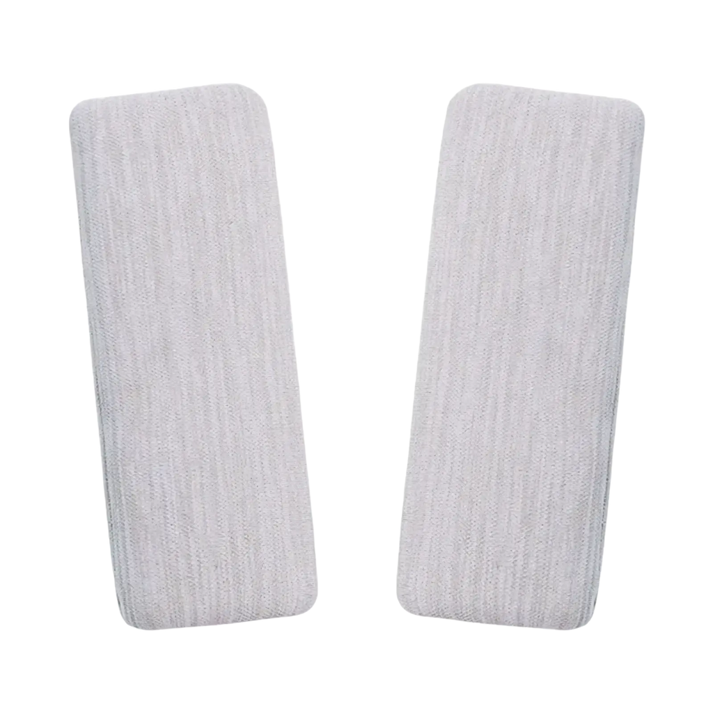 Two light gray ribbed fabric wristbands for baby stroller safety harness pad and crotch cushion protection